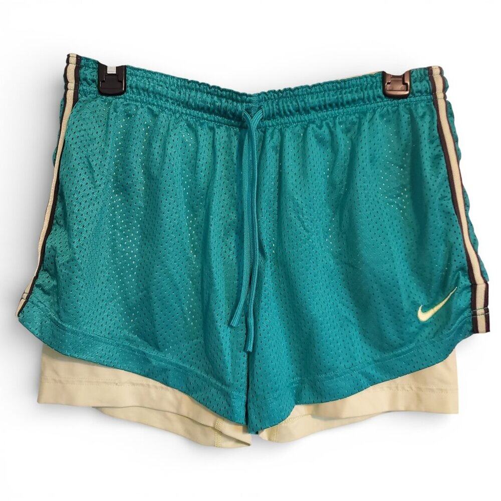 Nike Pro Double Up 2 in 1 Mesh Running Shorts Women's Size Large Teal Green